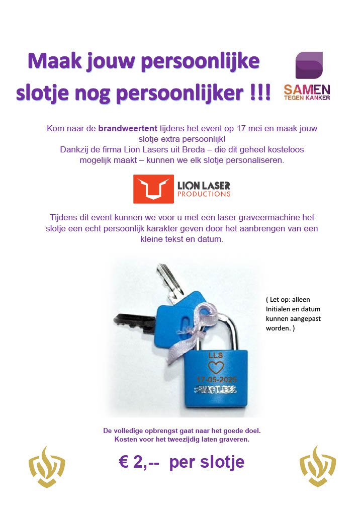Graveer je slotje tijdens Samen Tegen Kanker Liempde!